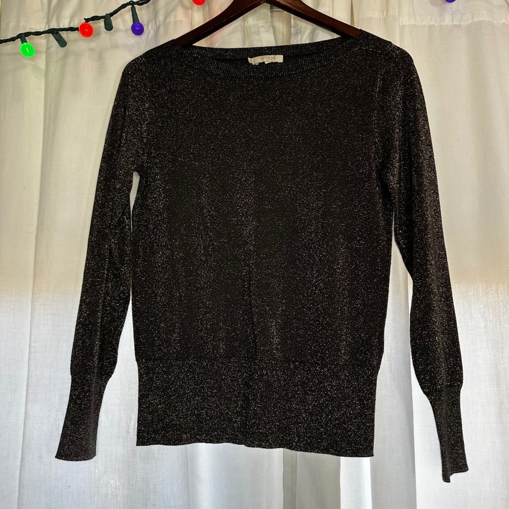 Hobbs London Black Metallic Sparkle Long Sleeve Boat Neck Party Sweater Top S